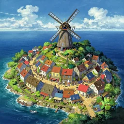 Colorful, creepy landscape painting of detailed exterior of populous market town Windfall Island, surrounded by ocean, giant windmill in background, anime key visual by Craig Mullins