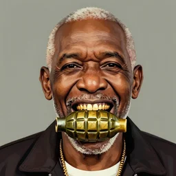 old man portrait, face smiling, golden teeth, grenade in mouth, flat background, greg rutkowski gta san andreas art