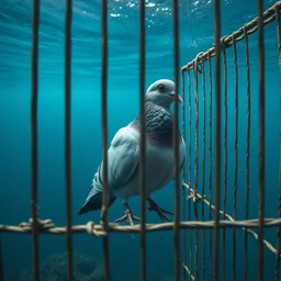 pigeon in cage at bottom of ocean