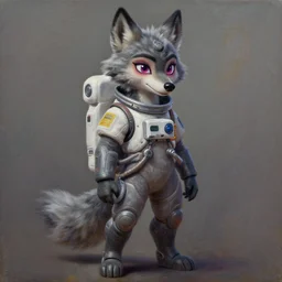 oil painting detailed full body of anthromorphic female wolf, in style of zootopia, zootopia, zootopia, fursona, furry, furaffinity, 4 k, deviantart, furry art, fursona art, wearing astronaut outfit, in style of zootopia, wolf fursona, cyberpunk, female, expressive, detailed feminine face,