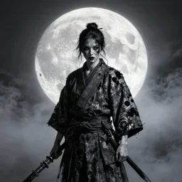 ' samurai!  ,big white moon background! ,  foggy atmosphere, octane render, horror scene, highly detailded , ink art  '