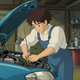 a wholesome animation key shot of a focused auto mechanic repairing the a blue car in the workshop garage, medium shot, waist up, studio Ghibli, Pixar and Disney animation, sharp, Rendered in Unreal Engine 5, anime key art by Greg Rutkowski, Bloom, dramatic lighting