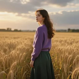 a girl in a wheat field in a purple sweater and a dark green skirt that has her back turned during the golden hour, painting