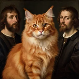 beautiful renaissance painting portrait of ginger maine coon by sandro botticelli, jan van eyck, tiziano vecelli, piero della francesca