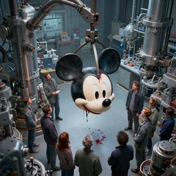 top view photorender of many mechanics in lab facility looking at bloody disney mouse head lifted by claw, made by beeple, cgsociety, artgerm, greg rutkowski, highly detailed intricate 4 k art, low light cinematic, octane render, unreal engine, smooth concept art