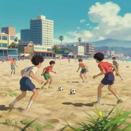 a film still of a scene, where boys playing football, a sunny and colourful beach scene in santa monica, los angelos, the weather is very windy. narrow shot, low depth of field, wes anderson, studio ghibli, pixar and disney animation, sharp, rendered in unreal engine 5, anime key art by greg rutkowski, bloom, dramatic lighting