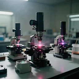 optical instruments mounted on a large table, extremely detailed devices diffracting lasers, few colors, scientific laboratory experiments, photoreal, new equipment, analog nikon photo, smoke in the background, dust particles in the air, bokeh, defocus
