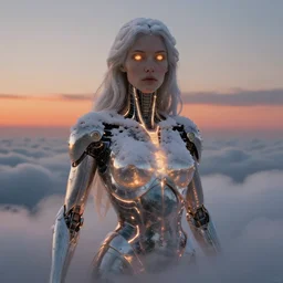 biblical female android, glowing veins, in clouds, sunset, glowing eyes, snow, portrait by wayne barlowe, studio lighting, muted colors, by frank frazetta, extreme detail, reflections, trending on artstation, 8 k