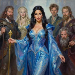 sunny leone as a Beautiful female wizard in blue and iridescent robes, 4k oil on linen by wlop, artgerm, andrei riabovitchev, nuri iyem, james gurney, james jean, greg rutkowski, highly detailed, soft lighting 8k resolution