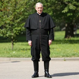 john paul ii standing in a black puffed nuptse, black cargo pants and high black boots, summer weather
