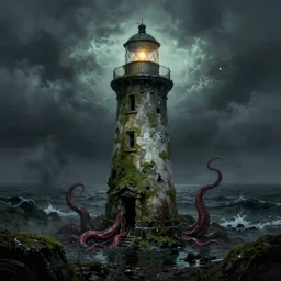 standalone ruined lighthouse in england 1 8 century, ruined, covered by mold, dark cave entrance near, lovecraft, dark fluid, green and black colors, foggy, red tentacles, fantasy digital art, storm, night, black sea, by greg rutkowski