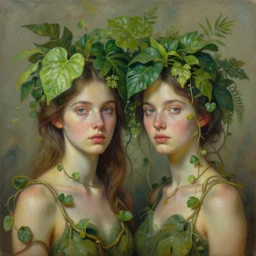 a painting of two women with plants on their heads, a detailed matte painting by brad kunkle, featured on cgsociety, figurative art, made of vines, detailed painting, behance hd, midjourneyhd