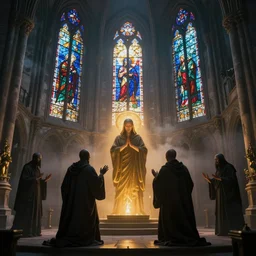 Photorealistic strange dark monks perform a ritual in a ruined cathedral.  Intense Colorful Light shines through stained glass windows.  Ominous mist. occult photorealism, UHD, amazing depth, glowing, golden ratio, 3D octane cycle unreal engine 5, volumetric lighting, cinematic lighting, cgstation artstation concept art