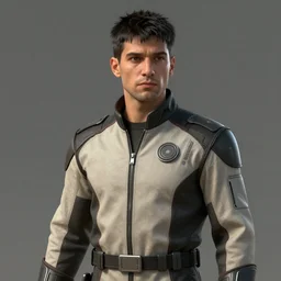 concept art of male sci-fi character portrait in his 30's, features between French, Turkish and Russian with short black hair on the sides and a fringe dressed in a beige and black jumpsuit, 4K Trending at Artstation HQ