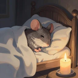 A fuzzy little mouse sleeping in a small bed, covered with blanket, cozy, candle light, extra detailed, digital illustration, by Makoto Shinkai and thomas kinkade, digital painting, Matte painting, trending on artstation and unreal engine