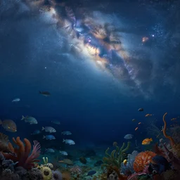 point of view, you are deep in the ocean looking up, you see fishes, flora and fauna, higher you see the splendorous milk way illuminating the sea. highly detailed painting by gaston bussiere, greg rutkowski 8 k
