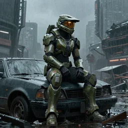 character portrait of a woman in halo infinite spartan armor sitting on top of a broken car in a desolate cyberpunk wasteland city, 8 k, realistic shading, concept art, digital painting, illustration, matte painting, moody lighting, sharp focus, minimal artifacts, wet, heavy rain, rainstorm