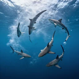 a grouping of sharks being spun around in the air of a tornado, so the sharks are swimming and traveling in a vortex above the ocean water