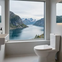 Bathroom with a toilet bowl and big window with a view to a splendorous fjord