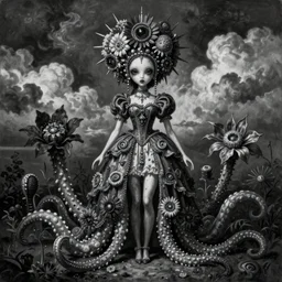 By Tom Bagshaw, ultra realist soft painting of a curiosities carnival spikes flowers and tentacles by night, very beautiful dark eyed female dollpunk in full long dress, symmetry accurate features, very intricate details, omnious sky, black and white, volumetric light clouds