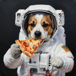 A painting of an astronaut dog eating pizza, highly detailed