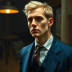 portrait painting of a 3 0 - year - old man with short blond hair, british, a journalist, wearing a blue suit, looked gaunt, confident, elegant and handsome aunreal render cinematic lighting art 1 9 2 0 period drama by bussiere rutkowski andreas rocha