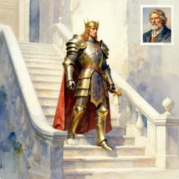 simple clear Heroic Paladin Dsurion ascends the stairway to valhalla Hand Crafted By Rodin. Painting by greg rutkowski Donato Giancola Jeff Simpson norman rockwell stamp watercolor