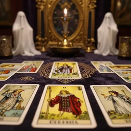 Closeup of tarot cards on a table, victorian magic seance with ghosts in an ornate dimly lit room at night, octane