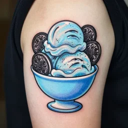 tattoo of a bowl of ice cream with oreo cookies on it light blue, white, and black ink detailed hyperrealistic trending on artstation