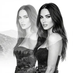 double exposure effect of megan fox and beautiful mountain scenery, tattoo sketch, in the style of brandon kidwell, black and white