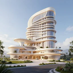 art by filip hodas, pixar, and artgerm. luxury space hotel multi level design, clean, neat, outdoor,