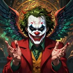 4K headshot of godlike clown with defined arms and open hands and bloody clothes with giant mandala wings , intricate face , flawless anime cel animation by Kentaro Miura, psychedelic , highly detailed upper body , professionally post-processed , beautiful, scary, symmetry accurate features, epic, octane rendered, anime masterpiece, accurate
