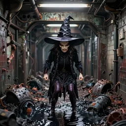 an anamorphic angry witch in an old abandoned subway with toxic waste all around and black water, blair witch, black and white 1 9 5 0 polaroid photography with flash light, grainy film, flash light,