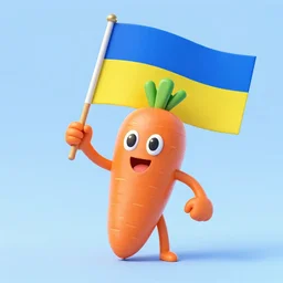 an anthropomorphic carrot waving a Ukrainian flag.