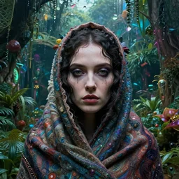 detailed face of an australian woman clothed wrapped in textiles, lush, opulent, walled garden, utopian, tech noir, wet reflections, prism, atmospheric, ambient, pj crook, syd mead, livia prima, artgerm, greg rutkowski, nick alm, casey baugh