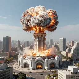[a nuclear explosion in a city center] in the center, [a baroque futuristic city skyline in the background], [nuclear explosions and fire]