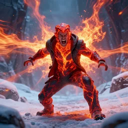 a lava man on a winter biome outraging to the camera, cinematic, artistic, cool pose, heatwave, fantasy, hyper realism, behance, artstation, unreal engine 5, octane, deviantart