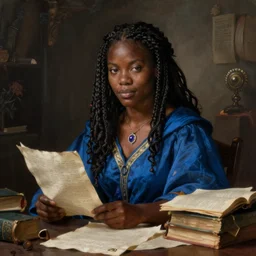 a female dnd wizard's portrait by brian patterson and rhads, black, african, blue robes, papers and tomes
