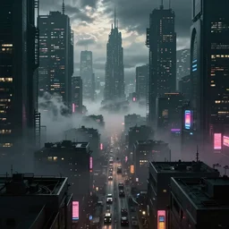 busy futuristic cyberpunk city in the distance, with neon signs and lights, skyline, heavy fog, zdzislaw beksinski, wayne barlowe