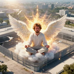 birds eye view of el chapo exploding out of prison in deep meditation. clear sunny day. 4k. angelic. the sun is very upset and full of damnations.