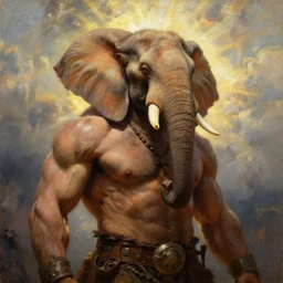 muscular human but has elephant head , he is a barbarian hunter  , strong sun backlight sunrays  body , extreme very textured detailed portrait oil painting by rembrandt,   dramatic clouds and  atmosphere