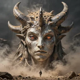 gorgeous lilith head split in half the mother of all monsters dusty, destroyer! of worlds, void eyes, raining ash & smoke, fine art masterpiece, highly detailed dino valls wayne barlowe machiej kuciara, dramatic lighting, long shot, wide angle, uhd 8 k, sharp focus