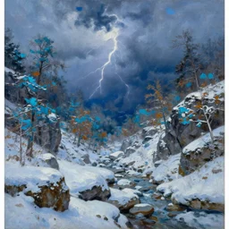 a beautiful oil painting of a rocky valley covered in snow, trees with cyan and orange leaves, thunderstorm in the sky, blue lighting, gloomy, atmospheric lighting, detailed, by greg rutkowski, trending on artstation
