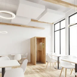 modern minimalist white restaurant with modern furniture and floating white planes on the ceiling, wooden box portal for food pick up, white plaster walls, wood floor, floating wood beams, glowing suspended ring lights, tall black metal frame windows