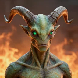realistic alien medium shot portrait with horns, green. red eyes, human eyes, background flames, by wayne barlowe
