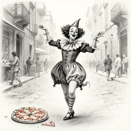 pulcinella dancing drunk through the street of naples, pizza!! margherita! scattered all over, extremely detailed pencil sketch by silvio fiorillo, from commedia dell'arte