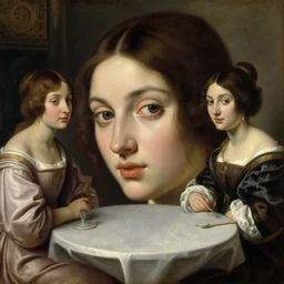 detailed face, sitting, oil painting of pretty anime girls sitting at the round table in camalot, artemisia gentileschi