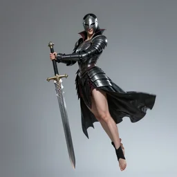 full - body, female vampire holding a two - handed greatsword with both hands, lean and muscular, flying, barefoot, kickboxing foot wraps, exposed toes, black heavy armor, historical armor, metal mask, enchanting, elegant, smiling, ghostblade, wlop, modern fantasy, realistic proportions.