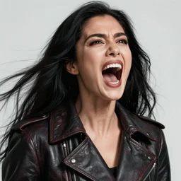 portrait of a long black haired woman screaming with here eyes wide open in the style of mass effect, face enhance, masterpiece, leather trench coat, intricate, elegant, highly detailed, digital painting, artstation, concept art, smooth, sharp focus, illustration, art by artgerm and greg rutkowski and alphonse mucha, 8 k