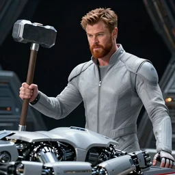 cinematic portrait of chris hemsworth with big ginger beard in light grey futuristic jumpsuit looking at lying android robot, huge hammer in hand, dark space station at background, high detail, 8 k, sharp focus, movie still, dramatic lighting, ray tracing, smooth, lane brown, finnstark, oleg bulakh, diego fazio, mike dargas, emanuele dascanio, felix eng